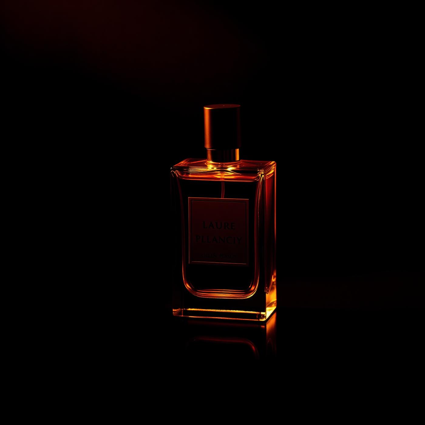 Amber perfume bottle illuminated against a dark background